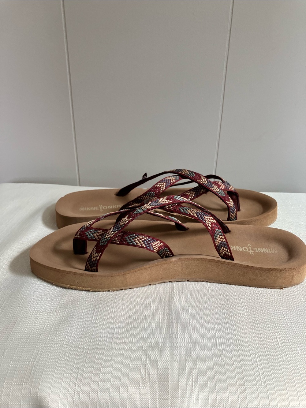 Minnetonka Maroon Braided Strappy Thong Sandals with Tan Footbed - Picture 3 of 5